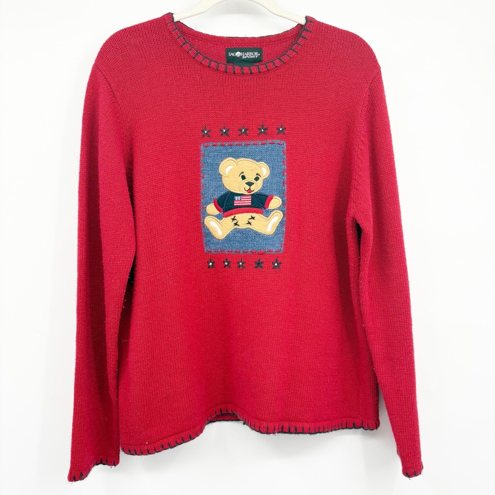 Sag Harbor Womens Vintage Teddy Bear Americana Grannycore Knit Sweater Size L